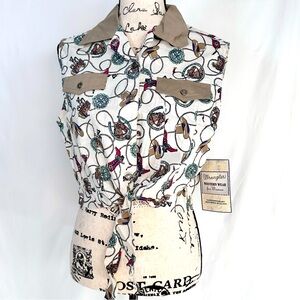 Wrangler Blouse Womens Medium Western Tie Front Sleeveless Button Shirt Top New